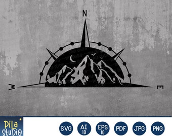 Mountains Trees Compass SVG File, mountain svg, Adventure SVG, bergen kompas svg, Afdrukbaar, sublimatie, ai, eps, png, instant download