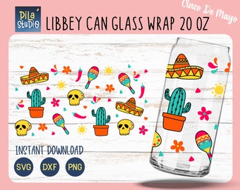 Cinco De Mayo Mexican Can Glass svg, Let's Fiesta Decal DIY Full Wrap Libbey 20oz Cricut Cut File Svg, Png, Dxf, instant download