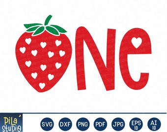 May include: Red and white strawberry with white hearts and the word "One" in red with a white heart in the letter "E".