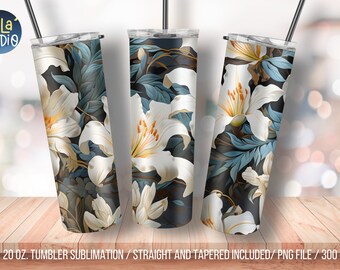 3D White Lilies Flowers 20 oz Skinny Tumbler Sublimation Design, Instant Digital Download PNG, Straight & Tapered Tumbler Wrap