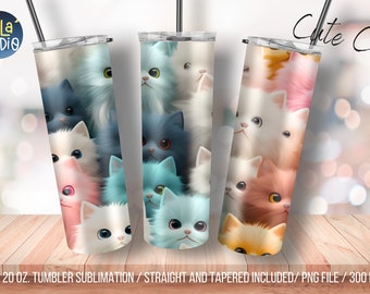 Cute Cat 20 oz Skinny Tumbler Sublimation Design, Instant Digital Download PNG, Straight & Tapered Tumbler Wrap