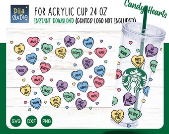 Candy hearts Cup Svg, Valentine Full Wrap Acrylic Cup 24 Oz Cricut Cut File Svg, Png, Dxf, Candy hearts svg,instant download