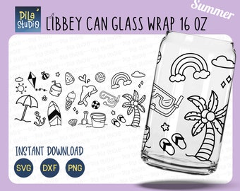 Summer and Beach svg, Beer Can Glass Full Wrap Libbey 16oz Cricut Cut File Svg, Png, Dxf, Doodle Coffee glass svg, instant download