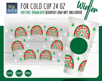 Christmas Rainbow Cup Svg, Winter Cup Svg, Full Wrap Venti Cold Cup 24 Oz Cricut Cut File Svg, Png, Dxf, instant download