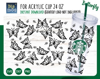 Butterfly Cup Svg, Butterfly Full Wrap Acrylic Cup 24 Oz Cricut Cut File Svg, Png, Dxf, instant download