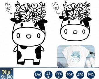 krowa svg, krowia twarz svg, słodka krowia twarz SVG, krowa Flower Crown svg, sylwetka, plik do cięcia SVG, clipart, do druku, eps, png, natychmiastowe pobieranie