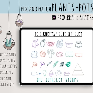 May include: A digital illustration of 45 Procreate stamps featuring cacti, pots, leaves, flowers, and a cute alphabet. The stamps are designed for use in digital art and illustration.