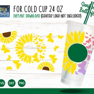 Sunflower Butterflies Cup Svg, Butterfly Full Wrap Venti Cold Cup 24 Oz Cricut Cut File Svg, Png, archivo Dxf, descarga instantánea