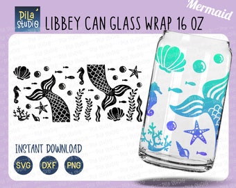 Mermaid Tail Can Glass svg, Sea and Mermaid DIY Full Wrap Libbey 16oz Cricut Cut File Svg, Fish can glass svg, Png, Dxf, instant download