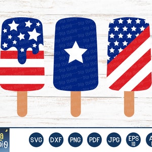 May include: Three digital cut files of popsicles with an American flag design. The popsicles are blue, red, and white. The first popsicle has a blue background with white stars and red stripes. The second popsicle has a red background with white stars and blue stripes. The third popsicle has a red and white striped background.