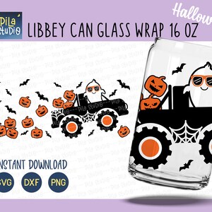 Halloween Truck & Pumpkins Can Glass Wrap Svg, Ghost Full Wrap Libbey 16oz Cricut Cut File Svg, Png, Dxf,  Coffee glass svg,instant download