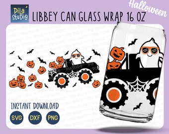 Halloween Truck & Pumpkins Can Glass Wrap Svg, Ghost Full Wrap Libbey 16oz Cricut Cut File Svg, Png, Dxf,  Coffee glass svg,instant download