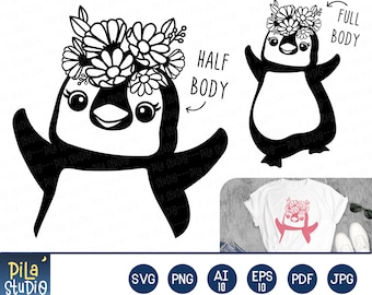 Penguin SVG file, Penguin Flower Crown SVG, Cute Penguin Face svg, Silhouette, SVG Cutting File,  Printable, eps, png, instant download