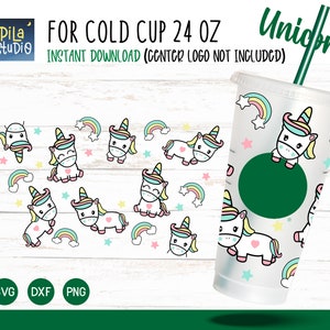 Puede incluir: Un diseño digital para un vaso frío de 24 onzas con un unicornio con detalles de arcoíris y estrellas. El diseño está disponible para descarga instantánea como archivo SVG, DXF y PNG. El texto "FOR COLD CUP 24 OZ" y "Unicorn" está incluido en el diseño.