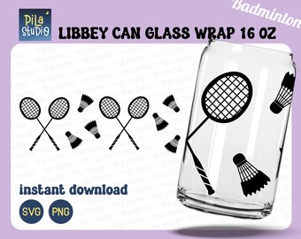 Badminton Can Glass Wrap Svg, Cute Badminton Full Wrap Libbey 16oz Cricut Cut File Svg, Png, Sport Coffee glass svg, instant download