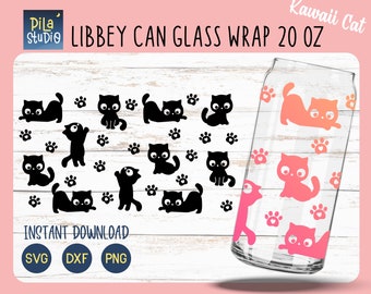 Cute Cat and Paw Can Glass Wrap Svg, Can Glass Full Wrap Libbey 20oz Cricut Cut File Svg, Png, Dxf, Cat Coffee glass svg, instant download