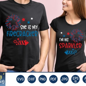 4th of July Couples SVG Bundle, She is my firecracker svg, I&#39;m his Sparkler svg, SVG Cutting File, Printable, dxf, png, instant download