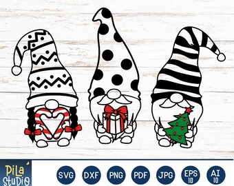 May include: Three black and white Christmas gnomes with different patterns. The gnome on the left is holding a candy cane heart, the gnome in the middle is holding a gift box, and the gnome on the right is holding a small Christmas tree.