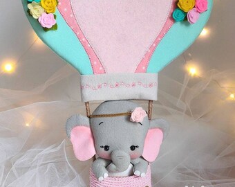 Fiocco nascita bimba/ Fiocco Nascita Mongolfiera/ Mongolfiera con elefantina/bow birth balloon elephant
