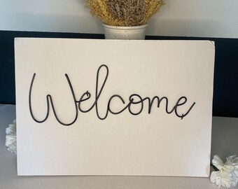 Wire ‘Welcome’ sign, handmade wire words, porch sign, home sign, front door, hallway, entrance, metal wall art, cursive lettering, Medium