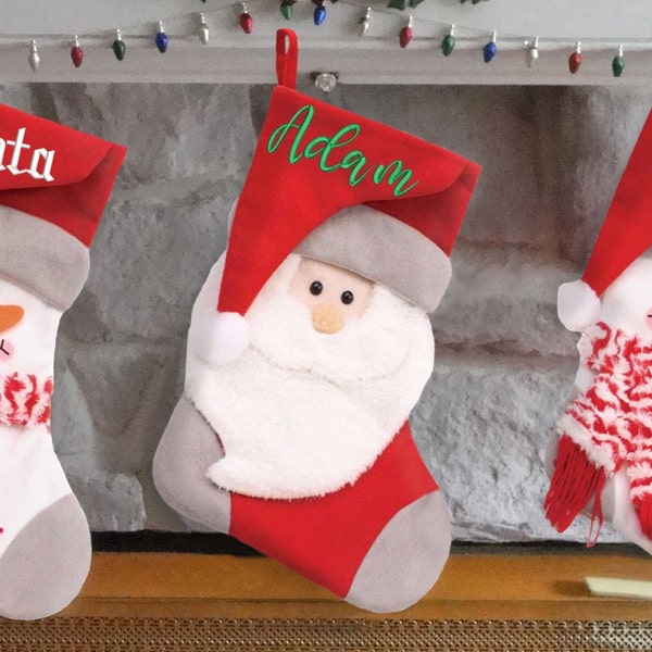 Gepersonaliseerde 3D-kerstsok geborduurd met naam | Sneeuwpop of Santa Stocking Design | Aangepaste kerstdecoratie | Kinderkousen