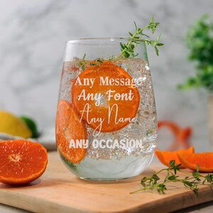 Personalisierte gravierte Erstellen Sie Ihr eigenes Glas Stemless Wine Gin Tumbler, Option, um passenden Untersetzer hinzuzufügen, Holzflasche Geschenkbox nach Maß
