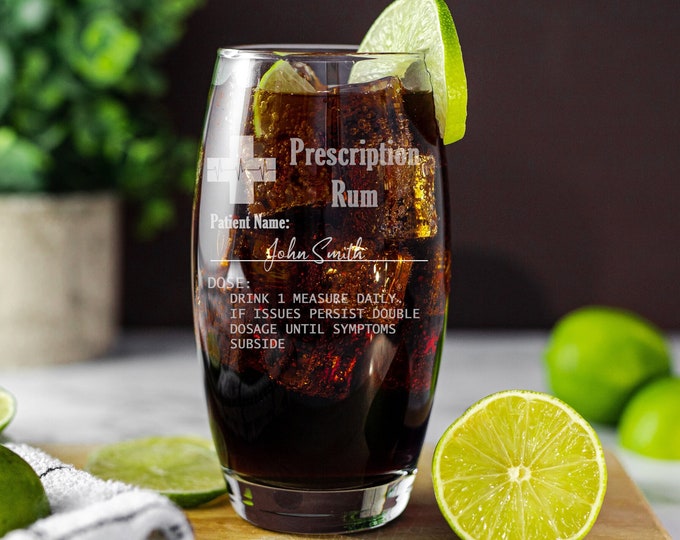 Personalised Prescription Rum Engraved Tumbler Glass | Funny Rum Glass and/or Coaster Gift Set | Small or Large Glass Option to change