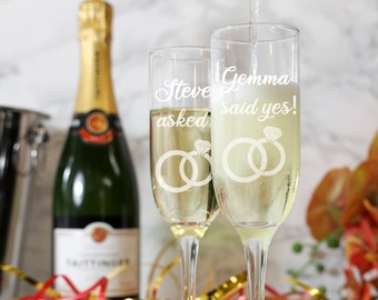 Personalised Engraved Engagement Champagne Flute Glass Set | Proposal Asked Said Yes Glass Gift Set | Engagement Gifts | Engaged Couple Gift