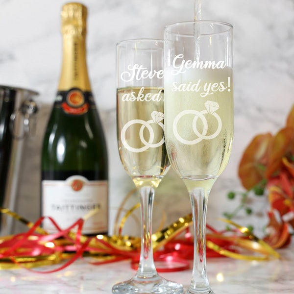 Personalised Engraved Engagement Champagne Flute Glass Set | Proposal Asked Said Yes Glass Gift Set | Engagement Gifts | Engaged Couple Gift