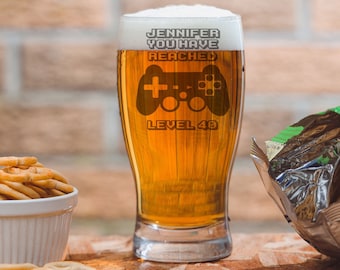 Gepersonaliseerde gamerpintglas 40e verjaardagscadeau | Verjaardagscadeau design gamer level 40 | Nieuwigheid 40e pint bierglas | Grappige cadeaus voor 40e