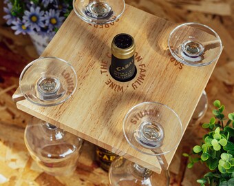 Personalised Engraved Wine Glass Holder Wooden Caddy | New Home Gift - Family Wine Time | Wine Glasses Holder Gift for Family 4 Glass Holder