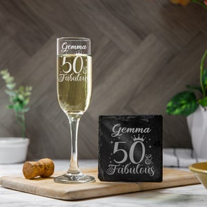 50 and Fabulous Engraved Champagne Glass – 50th Birthday Glass – Gifts for 50 Year Old – 50th Birthday Prosecco Glass and/or Coaster Set