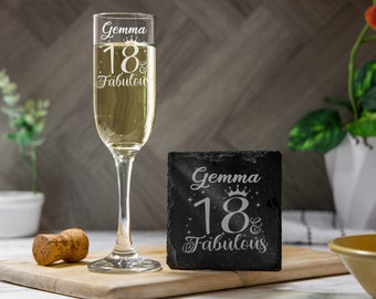18 and Fabulous Engraved Champagne Glass – 18th Birthday Glass – Gifts for 18 Year Old - 18th Birthday Prosecco Glass and/or Coaster Set