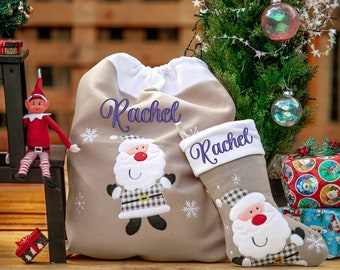 Personalised Christmas Santa Sack & Stocking Matching Set Embroidered With Names | Family Stockings | Snowman, Penguin, Reindeer, Santa Set
