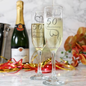Personalised Engraved 50th Wedding Anniversary Champagne Glass Set | Golden Anniversary Gift for Couples | 50th Anniversary Glasses Gift Set