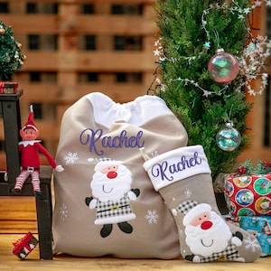 Personalisierte Weihnachten Santa Sack & Strumpf passendes Set mit Namen bestickt | Familienstrümpfe | Schneemann, Pinguin, Rentier, Santa Set