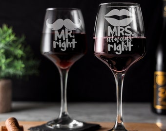 Mr Right / Mrs Always Right Wine Glass and/or Coaster Set | Matching Couple's Wine Glasses | Engraved Wine Glass Gift Set | Wedding Gift