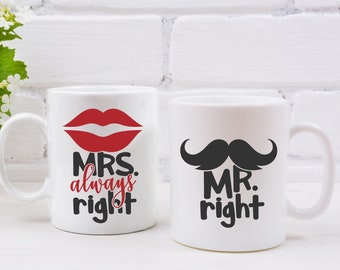 Wedding Day Mugs | Mr Right / Mrs Always Right Mugs and/or Coaster Set | Couples Mug Set | Anniversary Gift for Couples | Wife Husband Gift