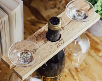 Personalised Wooden Wine Glass Butler Caddy | Engagement or Wedding Gift for Couples | Wine Bottle & Wine Glasses Holder Set - 2 or 4 Holder