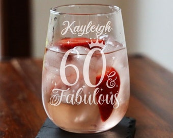 60 and Fabulous Engraved Stemless Gin Glass – 60th Birthday Gin Glass and/or Coaster Set – Gifts for 60 Year Old – Gin Lovers Gifts for Her
