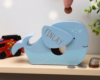 Personalised Engraved Whale Piggy Bank - Kids Savings Pocket Money Whale Money Box Bank - Wooden Animal Money Box Gift for Babies & Children