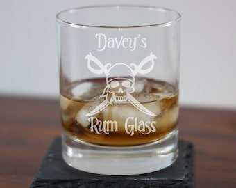 Personalised Engraved Rum Glass Skull Pirate Design Rum Glass Tumbler | Gifts for Him Dad Papa | Rum Lovers Glass | Engraved Low-Ball Glass