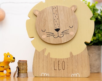 Banco de caja de dinero de león grabado personalizado - Hucha de dinero de bolsillo para niños - Regalo de caja de dinero de animales de madera para bebés y niños