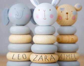 Personalised Wooden Stacking Rings Baby Toy | Stacker Wooden Elephant Teddy or Bunny Toy | Baby Birthday Christening Gift | Montessori Toys