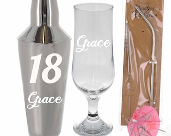 Personalised 18th Birthday Cocktail Shaker & Pina Colada Glass Gift set for 18th | Cocktail Shaker Set | 18th Gifts for Her or Him