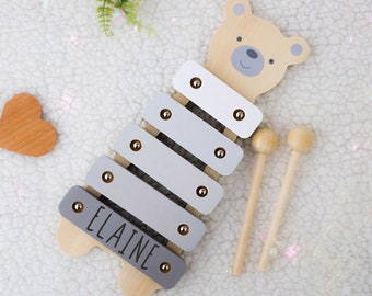 Gepersonaliseerde gegraveerde houten xylofoon babyspeelgoed | Houten teddybeer xylofoon muziekinstrumenten voor baby's en peuters | Cadeau 1e verjaardag