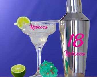 Personalised 18th Birthday Cocktail Shaker With Matching Margarita Cocktail Glass, Umbrella & Reusable Straw | Birthday Cocktail Mixer Gift