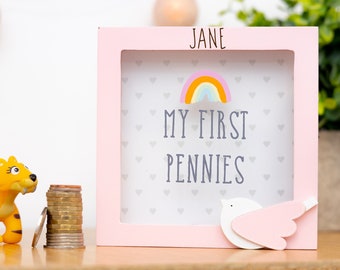 Personalised Engraved Money Box Frame My First Pennies - Pink Bird Savings Bank for Babies - Newborn Gift  -  Kids Piggy Bank for Baby Girl