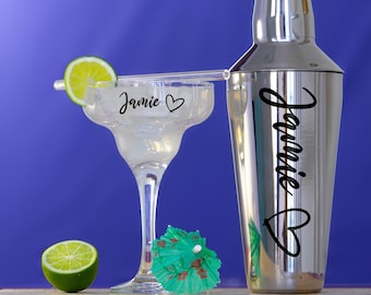 Coctelera personalizada y juego de regalo de copa de cóctel Margarita y paja / Copa Margarita personalizada / Kit de coctelera / Conjunto de bar en casa