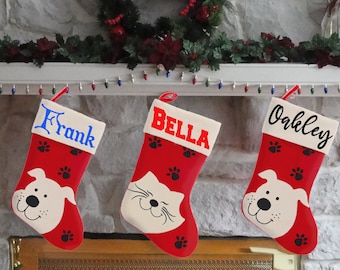 Personalised Dog or Cat Stocking for Pets | Christmas Stocking Embroidered With Pets Name | Xmas Treat Bag | Red Pet Head Christmas Stocking